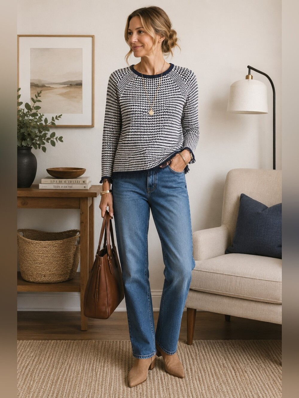 Kinross Navy and White Fringe Patterned Sweatshirt